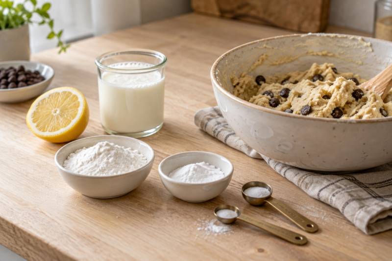 Small bowls of baking soda and baking powder side by side with measuring spoons on a kitchen counter.