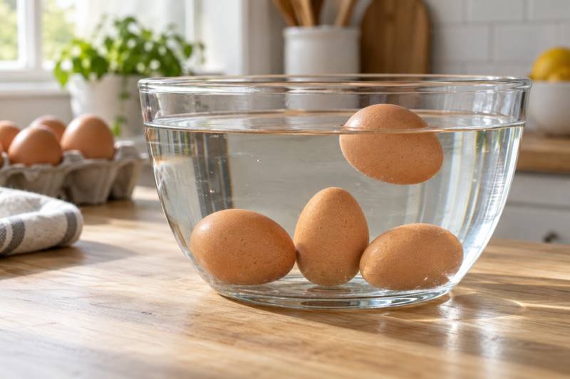 Eggs in a glass bowl of water, one resting on the bottom and one floating.